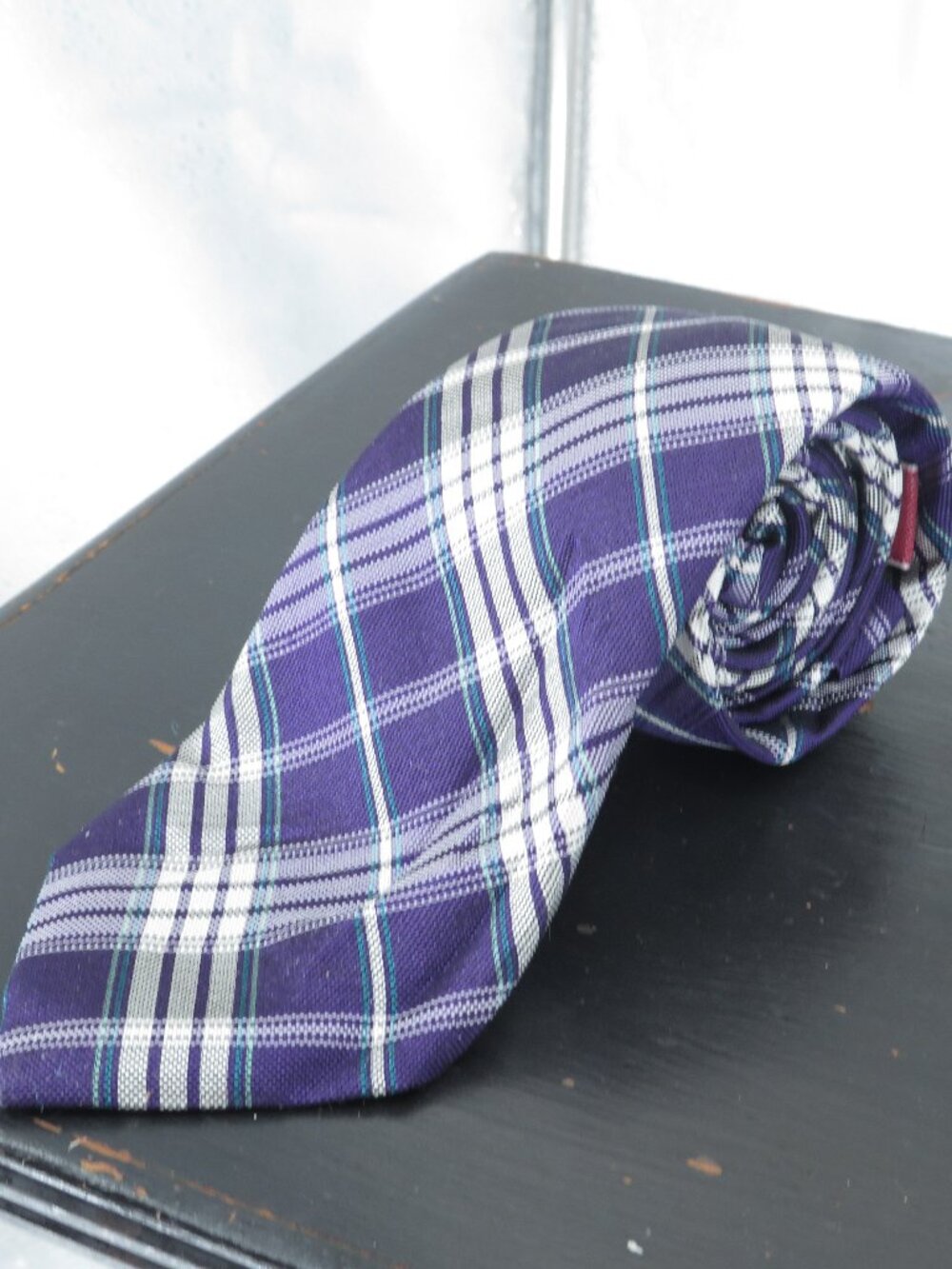 Original Penguin Mens Silk Necktie Purple Plaid Classic Skinny Tie One Size 3 In